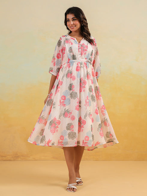 Janasya Women's Cream Georgette Floral Printed Flared Dress